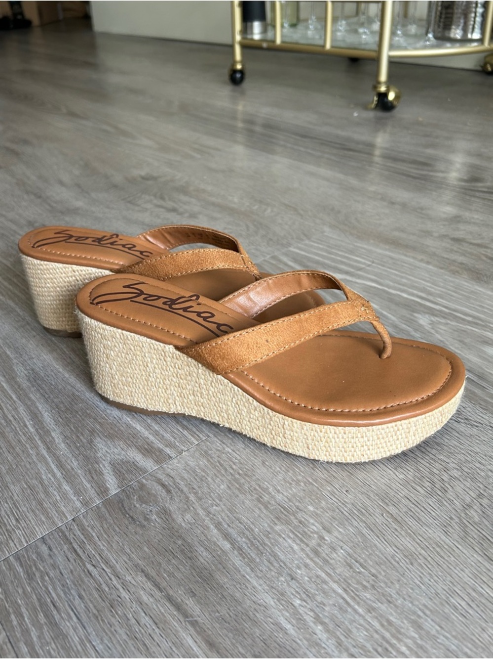 Zodiac Tan Raffia Wedge Thong Platform Sandals